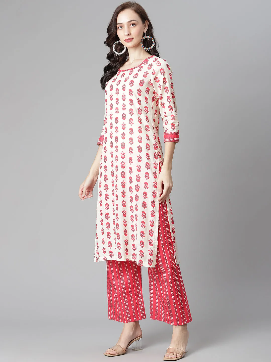 Women Off-White-Red Cotton Print Straight Kurta With Palazzo