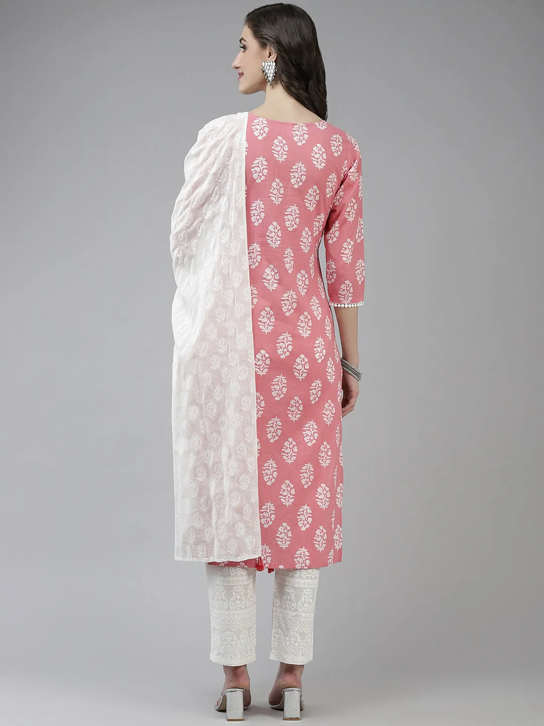 Women Pink And White Block Print Cotton Kurta With Palazzo & Dupatta