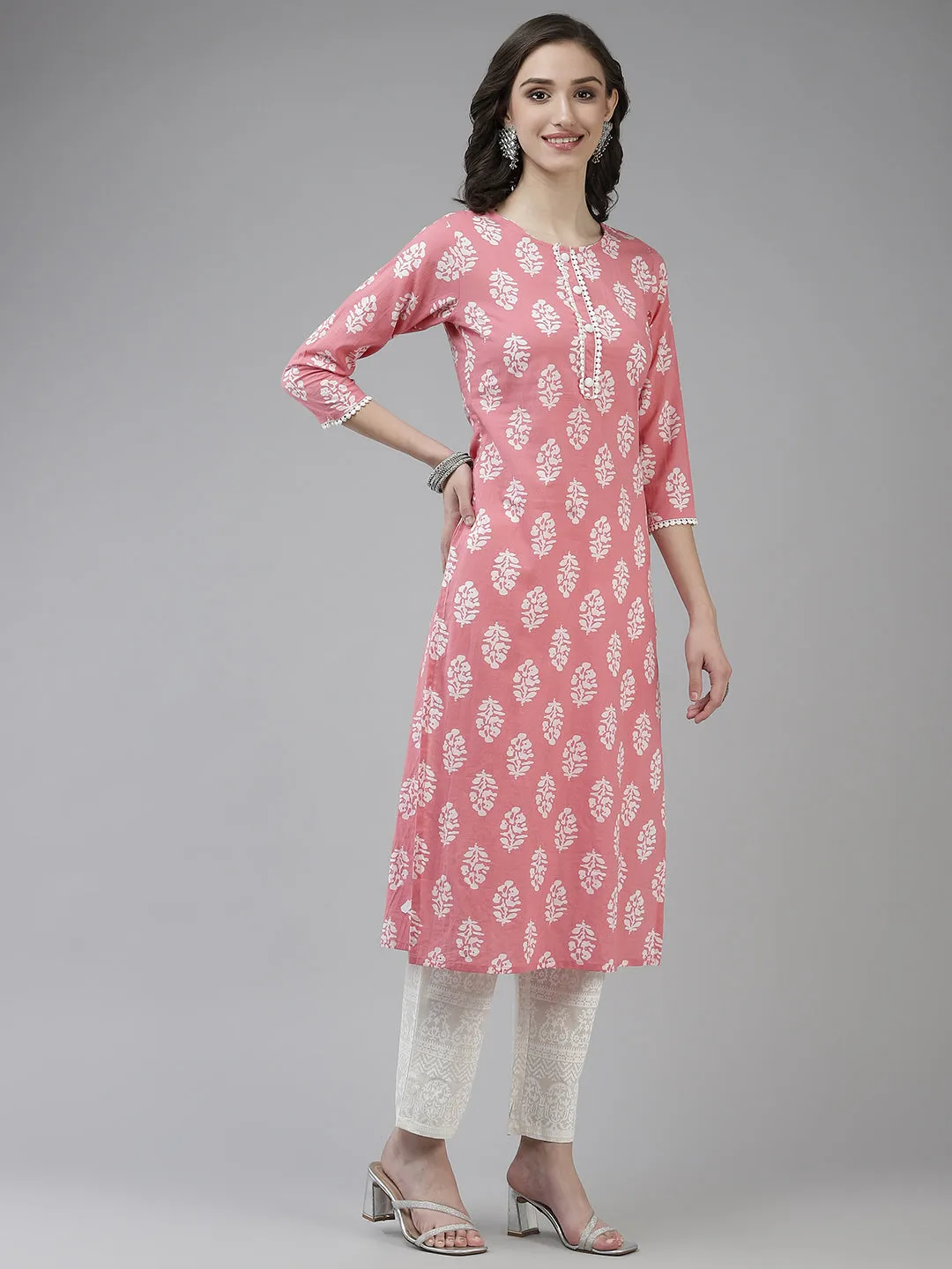 Women Pink And White Block Print Cotton Kurta With Palazzo & Dupatta