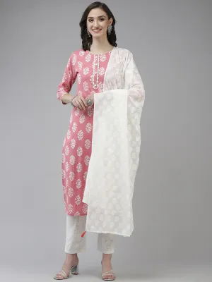 Women Pink And White Block Print Cotton Kurta With Palazzo & Dupatta