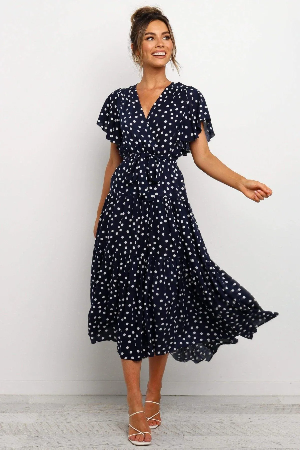 Women Short Sleeves V Neck Midi Dresses