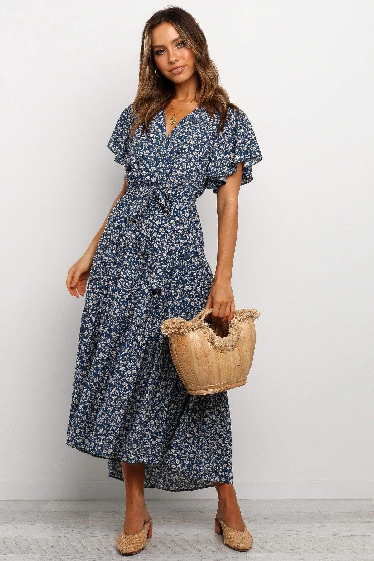 Women Short Sleeves V Neck Midi Dresses