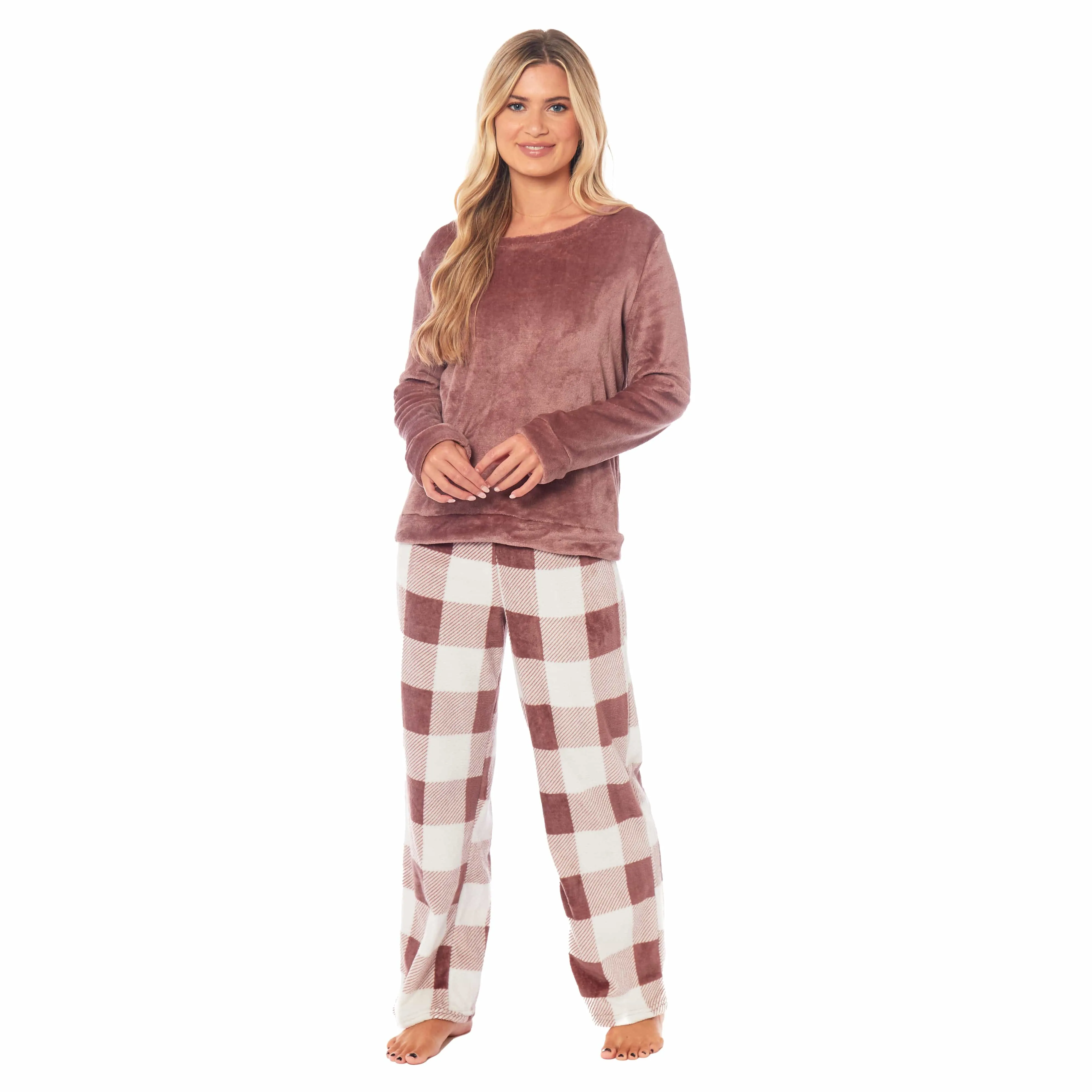 Women's Buffalo Check Fleece Pajama Set Long Sleeve Top and Bottoms Luxuriously Soft Nightwear for Cozy Comfort in Various Sizes by Daisy Dreamer