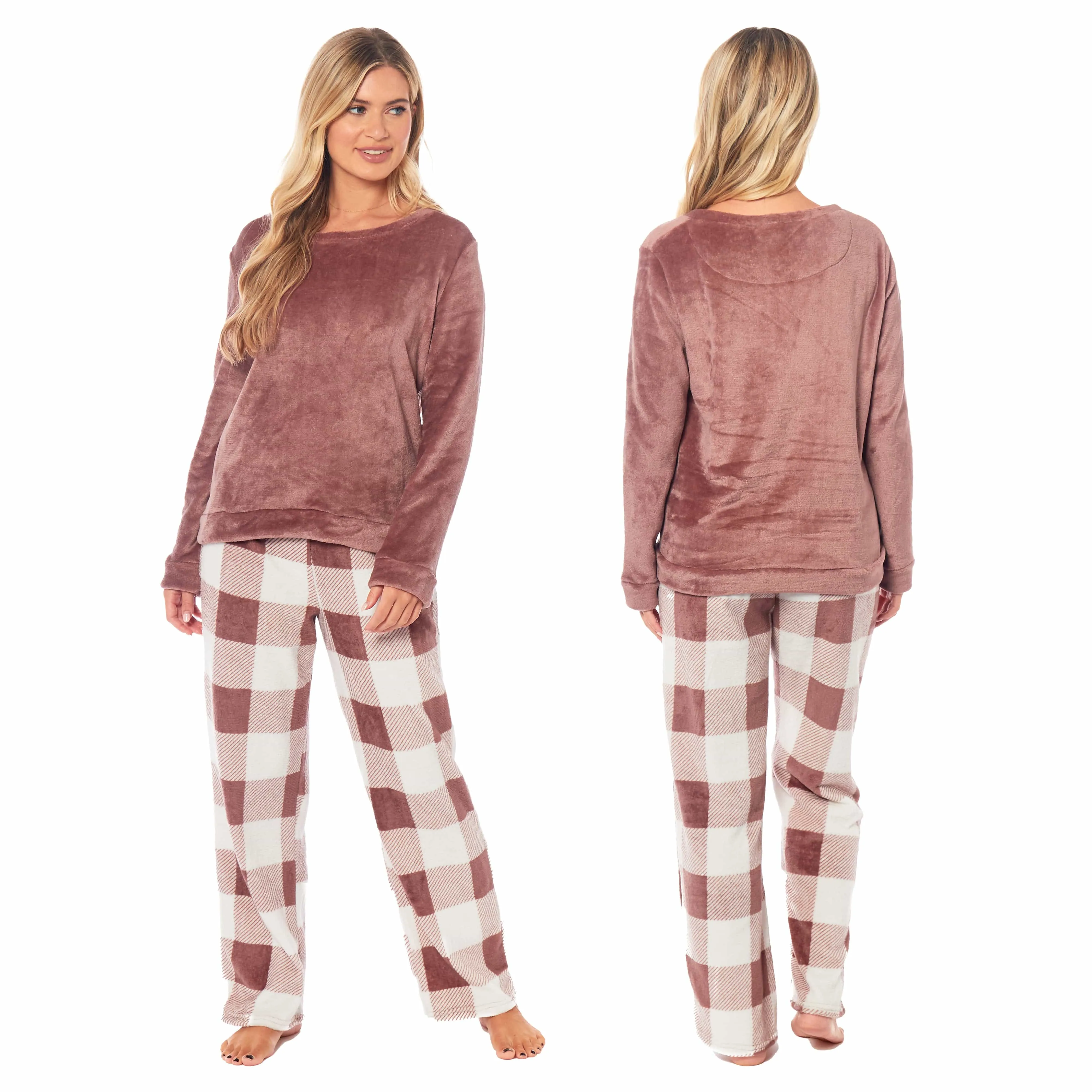 Women's Buffalo Check Fleece Pajama Set Long Sleeve Top and Bottoms Luxuriously Soft Nightwear for Cozy Comfort in Various Sizes by Daisy Dreamer