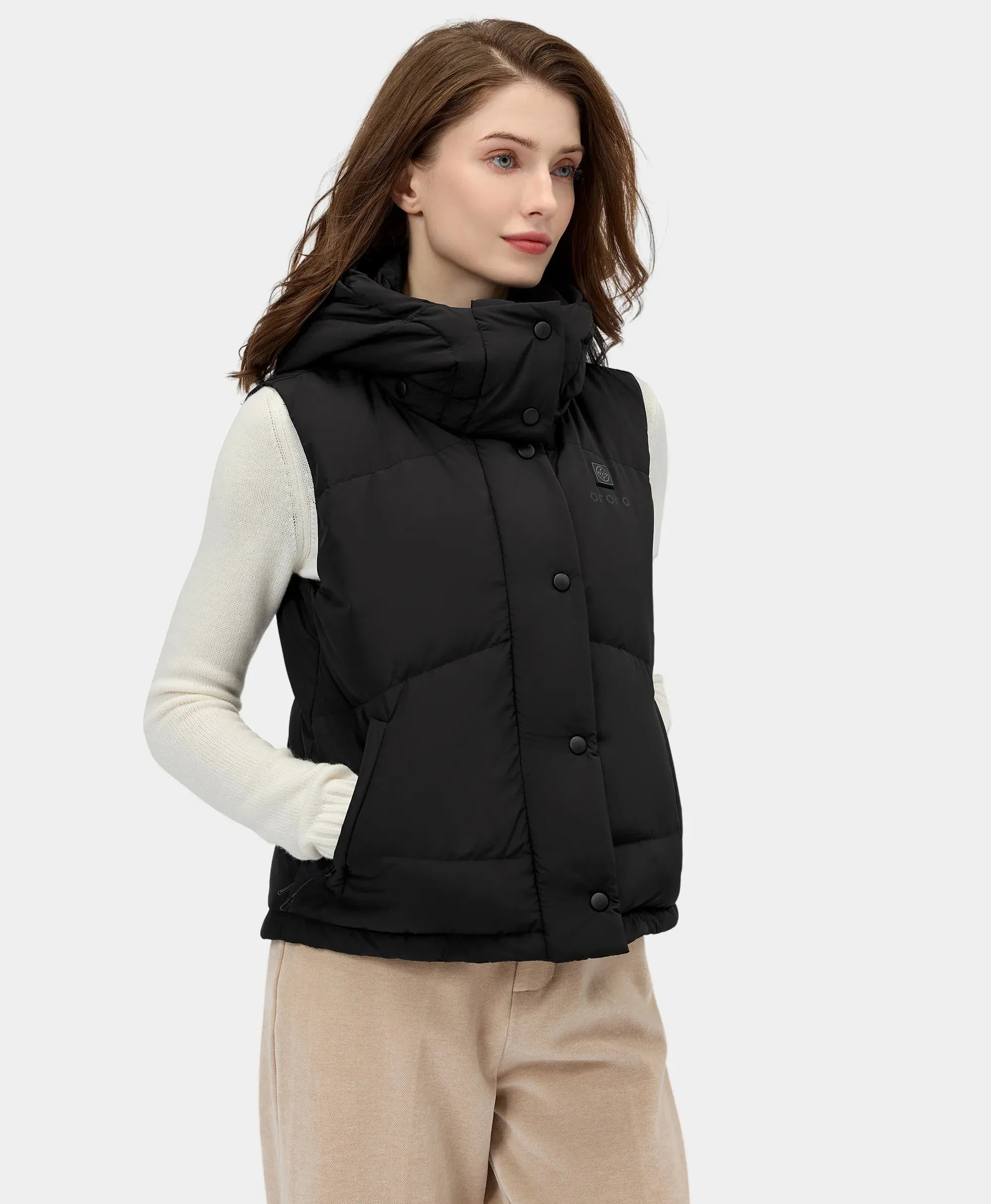 Women's Heated Cropped Puffer Down Vest - Black / Red