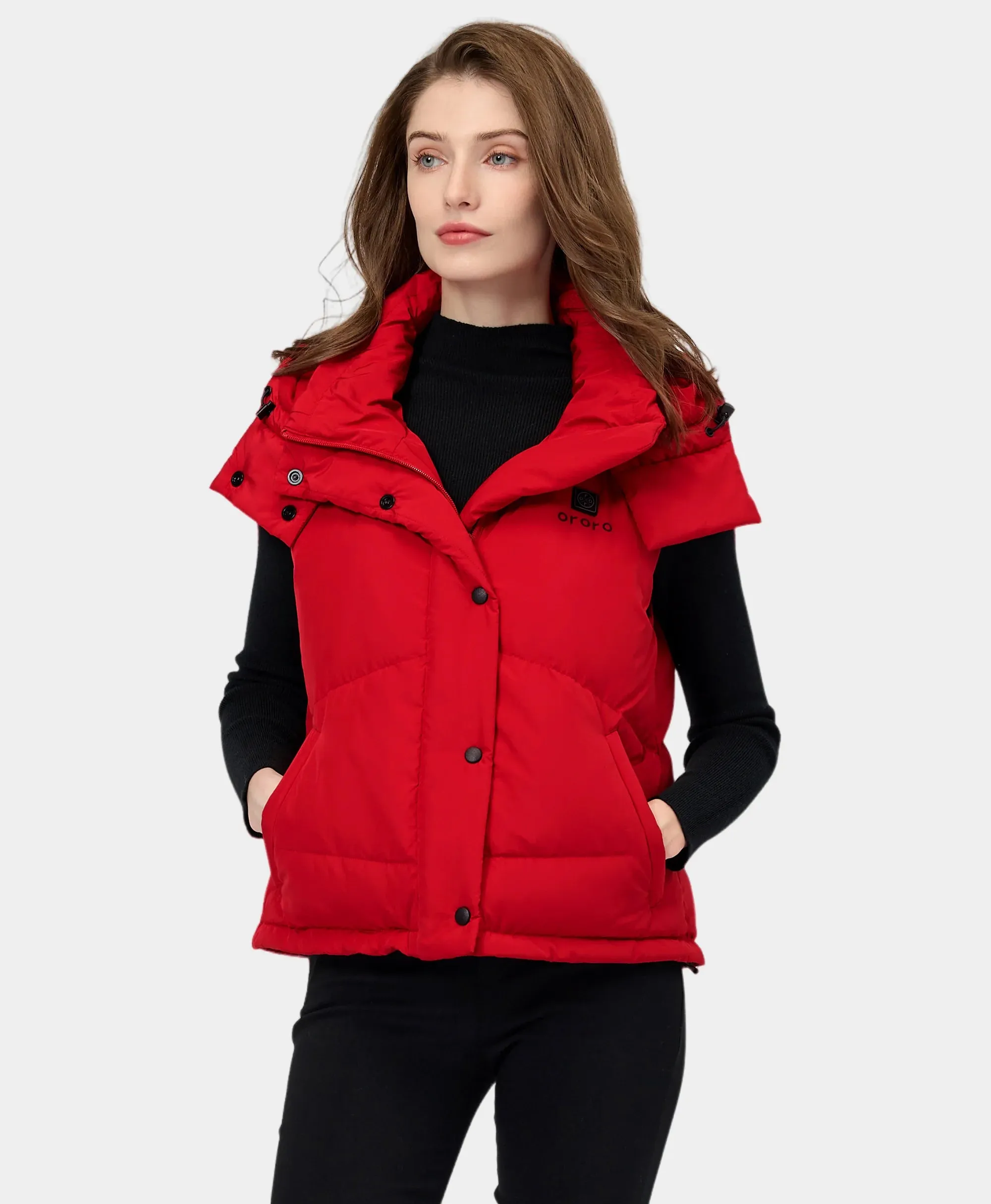 Women's Heated Cropped Puffer Down Vest - Black / Red