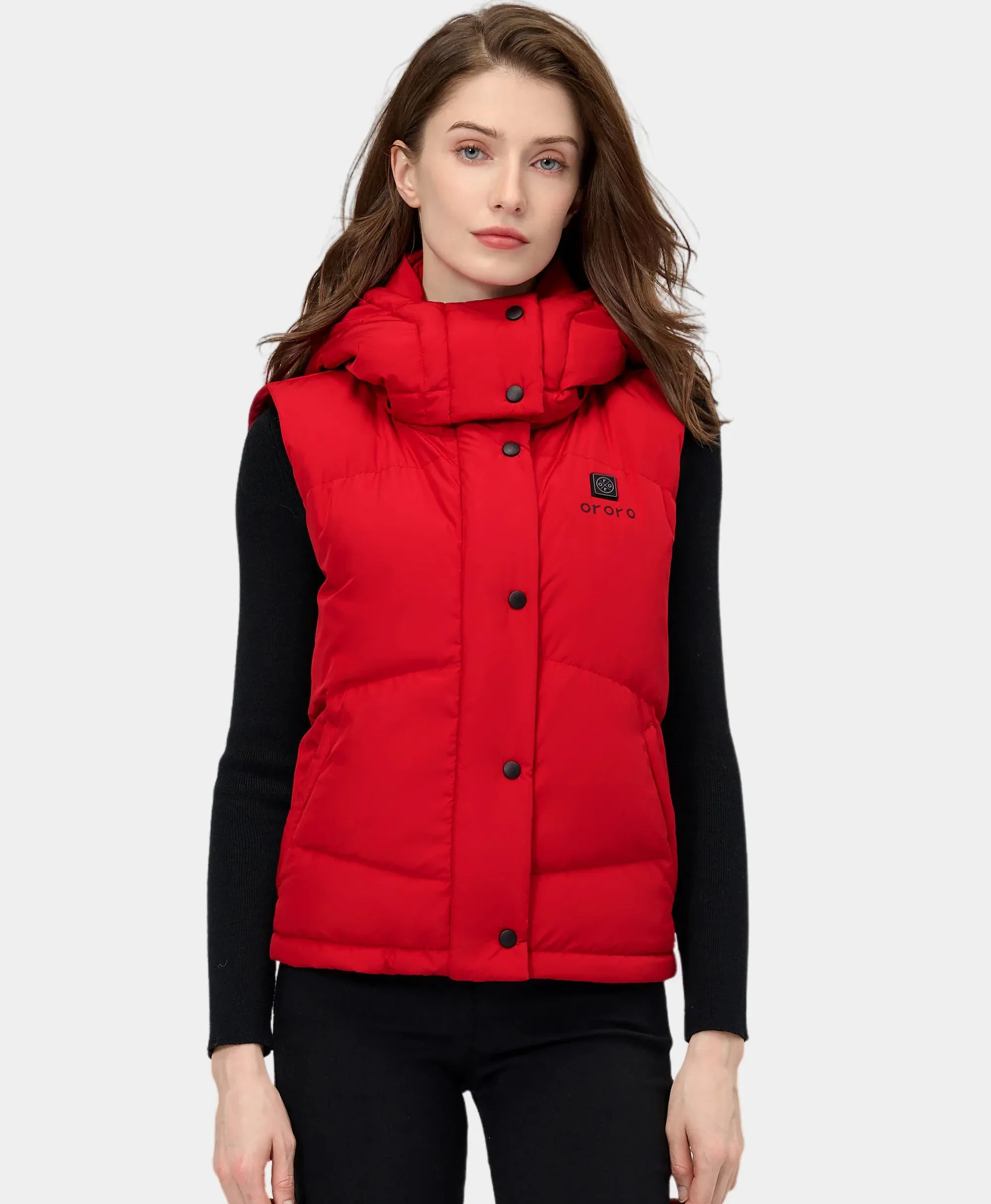 Women's Heated Cropped Puffer Down Vest - Black / Red