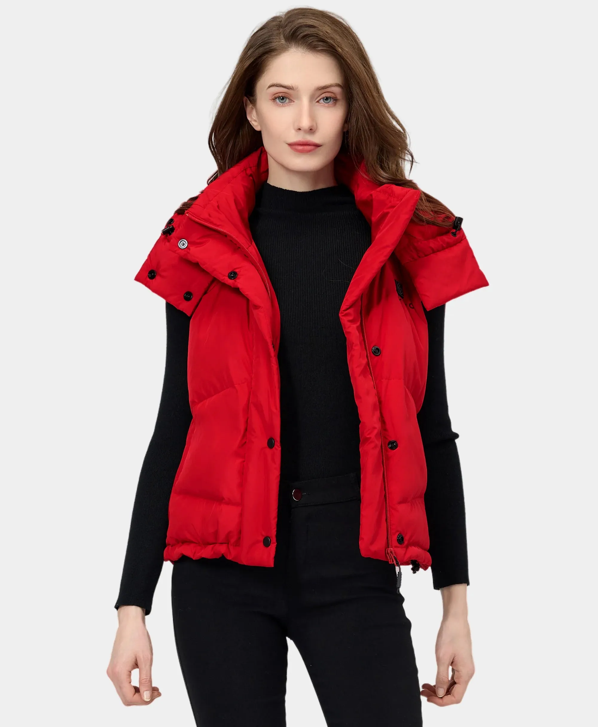 Women's Heated Cropped Puffer Down Vest - Black / Red