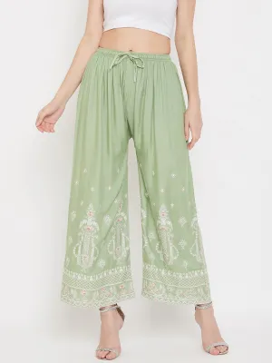 Women'S Pista Green Printed Rayon Palazzo