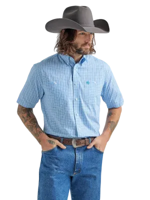 Wrangler Men's George Strait Short Sleeve Plaid Baby Blue Shirt - Big