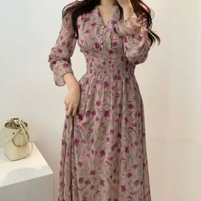 Yeknu Flower Dress Women Floral Chiffon Vestidos Maxi Vestido Beach Elegant Spring Pink Korean Long Sleeve v Neck Ropa Mujer Sukienki