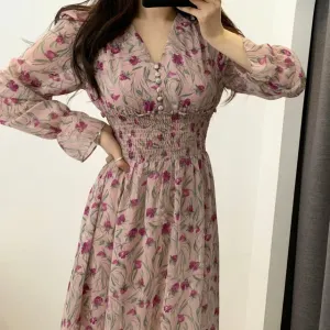 Yeknu Flower Dress Women Floral Chiffon Vestidos Maxi Vestido Beach Elegant Spring Pink Korean Long Sleeve v Neck Ropa Mujer Sukienki